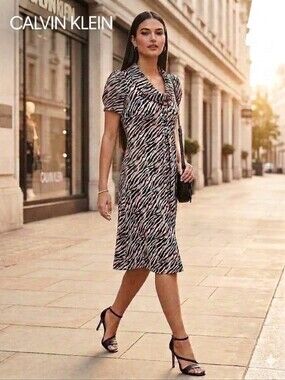 Calvin Klein Black and Cream Zebra Print Cowl Neck Dress